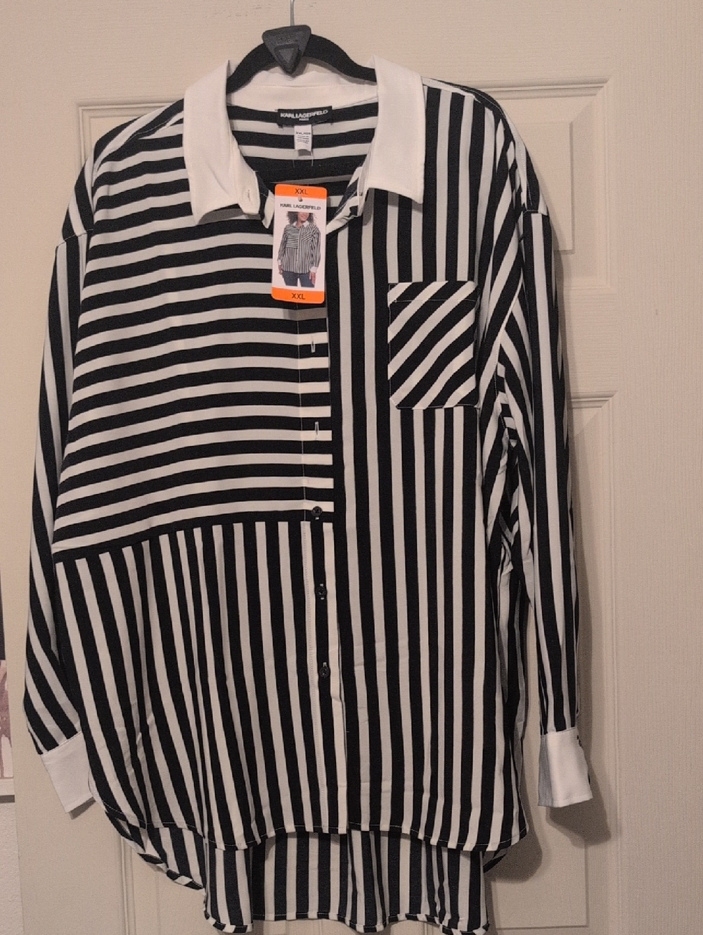 Karl Lagerfeld Black & White Striped Button-Up Shirt with White Collar